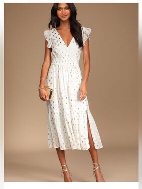 NWT Lulus White & Gold Polka Dot Dress Vacay Summer Dress!